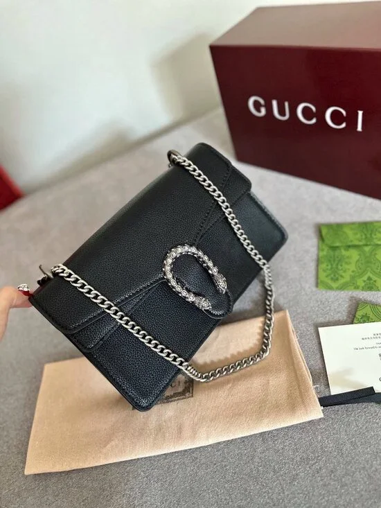 Black Dionysus Style Small Chain Bag Textured Leather Silver Hardware - Picture 2 of 9